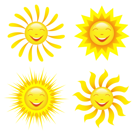 Set of different stylized smiling yellow, orange and red sun isolated on white background.のイラスト素材