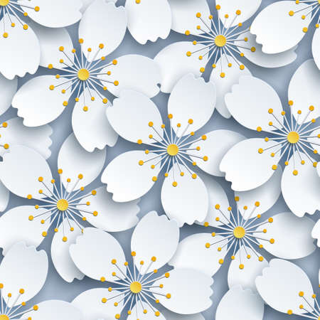 Beautiful modern elegant background seamless pattern with decorative white 3d sakura flowers, japanese cherry tree blossom cutting paper. Floral stylish trendy wallpaper. Graphic design. Vector illustrationのイラスト素材