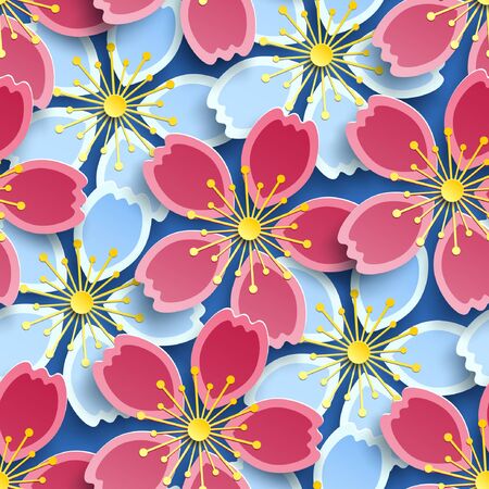 Beautiful modern colorful background seamless pattern, decorative blue, pink, red 3d sakura flower, Japanese cherry tree blossom cut paper. Floral stylish trendy wallpaper. Graphic design vector.のイラスト素材