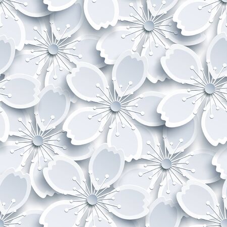 Beautiful modern elegant background seamless pattern white, grey with decorative 3d sakura flowers cut paper, japanese cherry tree blossom. Floral stylish trendy wallpaper. Graphic design vectorのイラスト素材