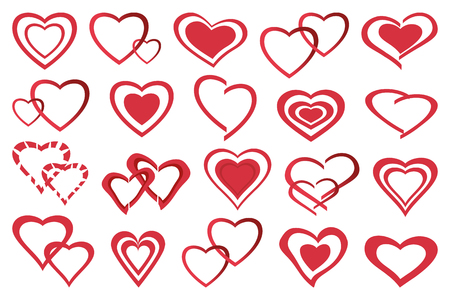Big set of stylized festive red hearts for Valentines Day, wedding, birthday isolated on white background. Icons or logo, elements of graphic design. Vector illustration.のイラスト素材