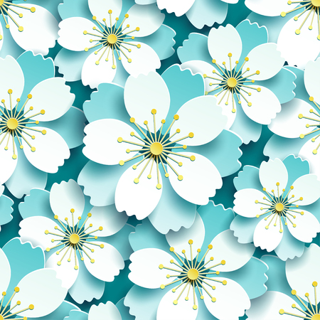 Beautiful modern blue background seamless pattern with decorative white 3d sakura flower, japanese cherry tree blossom cut paper. Floral stylish wallpaper. Trendy graphic design. Vector illustrationのイラスト素材