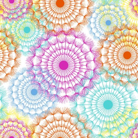 Floral background seamless pattern with colorful dandelion fluff. Nature backdrop with summer or spring flowers. Elegant stylish trendy wallpaper. Graphic design. Vector illustrationのイラスト素材