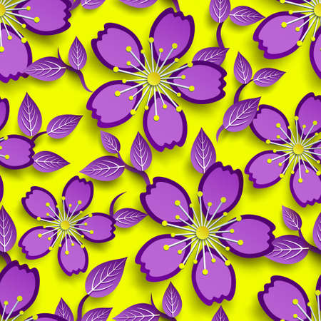 Beautiful trendy seamless pattern. Bright background, decorative violet, purple 3d sakura flower and leaf, japanese cherry tree blossom cut paper. Floral stylish modern wallpaper. Vector illustrationのイラスト素材