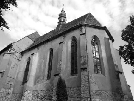 Black and white view of a medieval catholic churchの写真素材