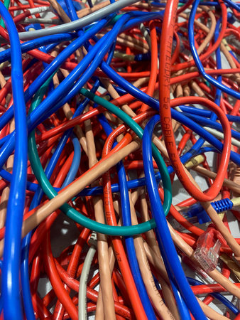 Multicolor network UTP cables close-up view with selective focus on foreground