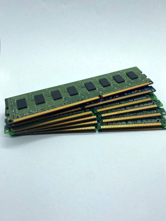 Stack of RAM memory close-up view isolated on white background