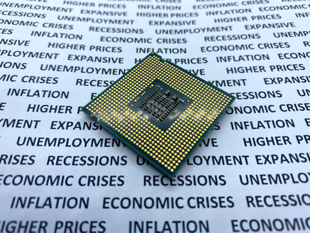 Expensive microprocessor chip close-up view on a paper with text economic crises, recession,...