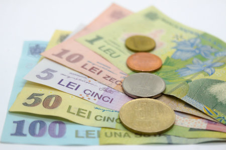 Romanian currency notes and coins 100 RON, 50 RON, 10 RON, 5 RON, 1 RON . LEI, 50 bani, 10 bani, 5...