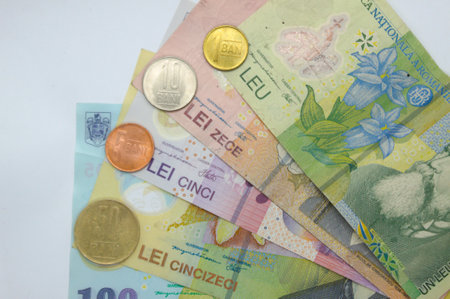 Close-up of Romanian currency notes and coins Leu, Lei, bani, ban, RONの写真素材