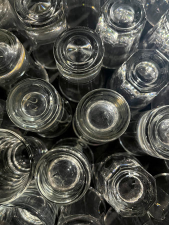 Close-up of upside down glass glasses seen from aboveの写真素材