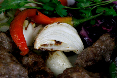Close-up of Turkish food with meat, onions and hot peppersの写真素材