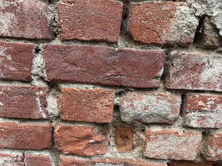 Close-up of red brick wall without plaster with selective focus on foreground