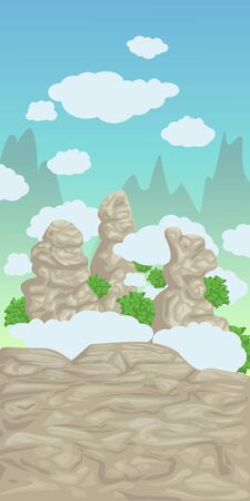 Vector illustration, rocks of mountain with clouds. Mountains landscape on background. Cartoon background for gameのイラスト素材