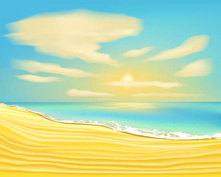 Summer background,  tropical landscape, vector illustration of the beach with waves and clouds. Vector cartoon style background of sea shoreのイラスト素材