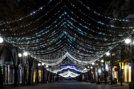 Colourful lights in Burgas city centre. Lights and decorations for Christmas holidays.