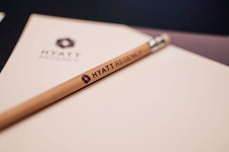 Sofia, Bulgaria - 05 April 2022: Hyatt Regency hotel was the host of a conference. A branded pencil...