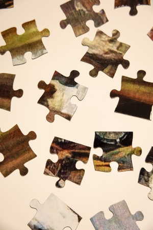 Shuffled magnetic puzzle pieces on a magnet white board waiting to be put together.の写真素材