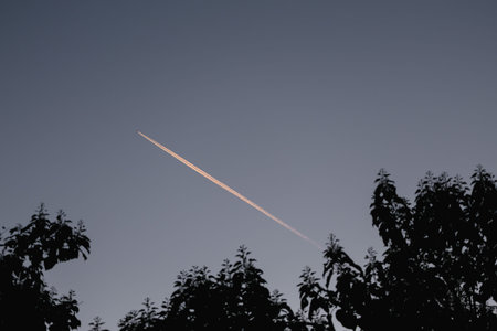 A jet plane in the sky. White contrail. Beautiful moment at sunset. High quality photo