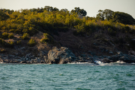 Sea shot with rocks and waves and hills with green bushes. Natural beautiful landscape. High quality...
