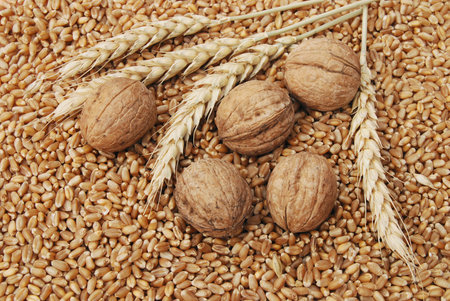 Wheat and nuts in close up
