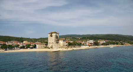 Uranopolis with ancient tower on Halkidiki, Macedonia Greeceの写真素材