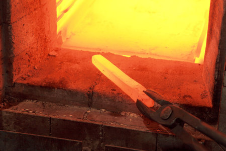 Iron lingot on 1000 C temperature in furnace
