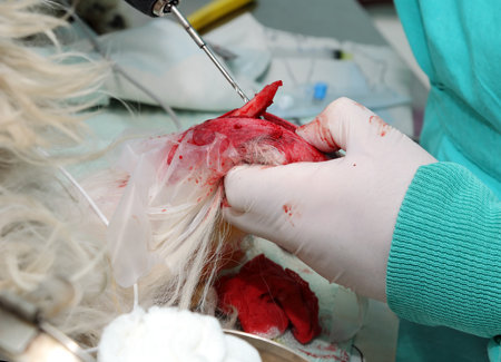 Veterinarian surgery, injured dog leg, fixing broken boneのeditorial素材