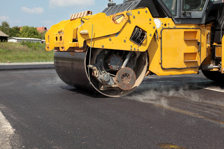 Road roller  at a road construction site