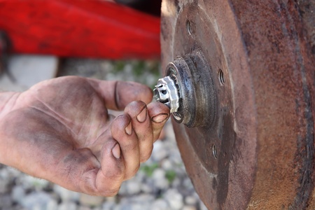 Positioning of nut lock of bearing on drum brakesの写真素材