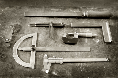 Vintage tools, rasp, caliper, micrometer, divider, angle toolの写真素材