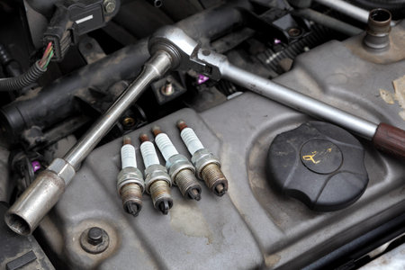 Modern car gasoline engine servicing,  ratchet tool and spark plug