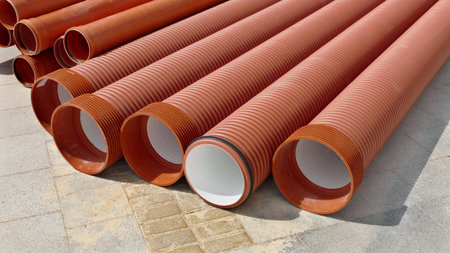 Heap of new plastic tubes for sewerage pipelineの写真素材