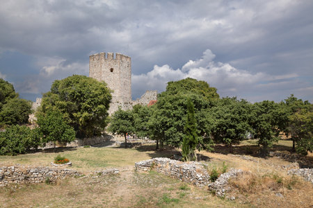 PLATAMON, PLATAMONAS, GREECE- AUGUST 01: Old 12th century Byzantine castle in Platamonas - Platamon  August 01. 2014. Olympus region, Macedonia, Greeceのeditorial素材