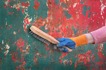 Rust removing from colorful red and green steel metal plate using wire brush, closeup of workers ...