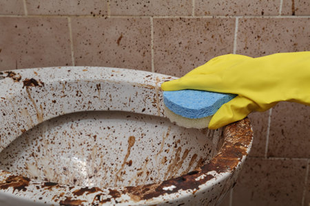 Female hand in protective glove cleaning dirty toilet using sponge, messy toilet in a dirty...