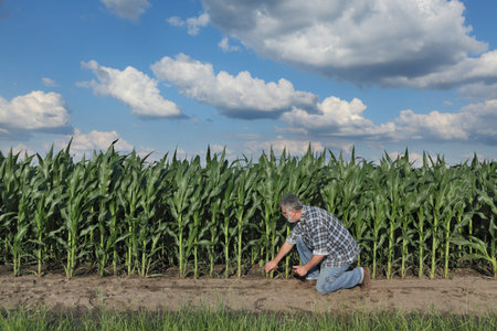Farmer or agronomist examining green corn plants in field with tablet in hand, agriculture in early...