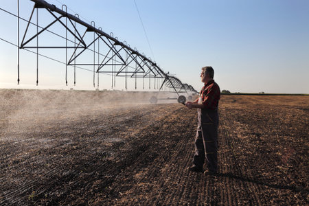 Farmer or agronomist examining  irrigation system in field after sowing of corn and typing to...