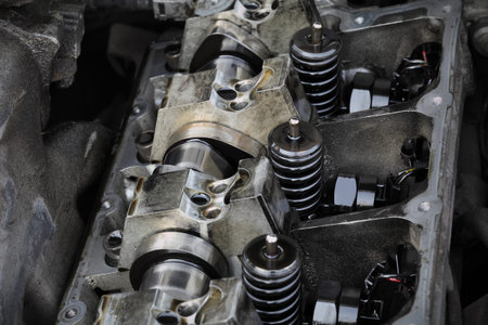 Detail of modern diesel engine repair, closeup of injectors in cylinder head with camshaft