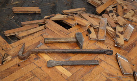 Tools for old damaged parquet removal, hammer, crowbar, chisel at old planksの写真素材