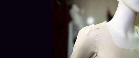Sewing dresses. Dress on a mannequin. The sleeve is pinned down. Place for your text.の写真素材