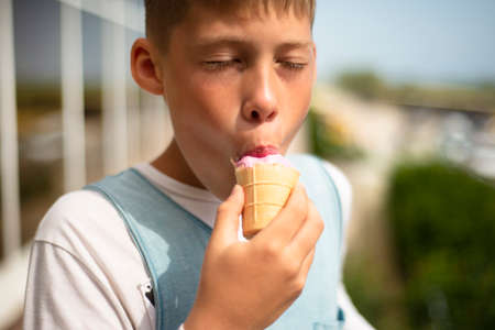 The boy is eating ice cream. Pink strawberry ice cream in a waffle cup. Enjoyment on a hot day. Copy space for text.の写真素材
