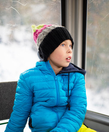 A boy in a blue jacket and a knitted hat sits in a booth by the winter window and dreams. His blue...