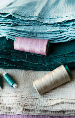 Cuts of muslin in green efcalipt beige and spools of thread in the same color. Matching fabrics and...