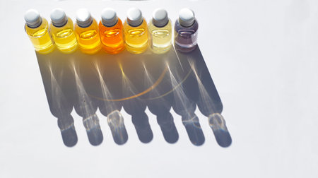 Vials with fragrance oils are in a row. Curly shadows fall on a white background.