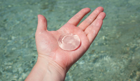 Round jellyfish on the palm of the hand against the background of sea water. arm. hands. Round...