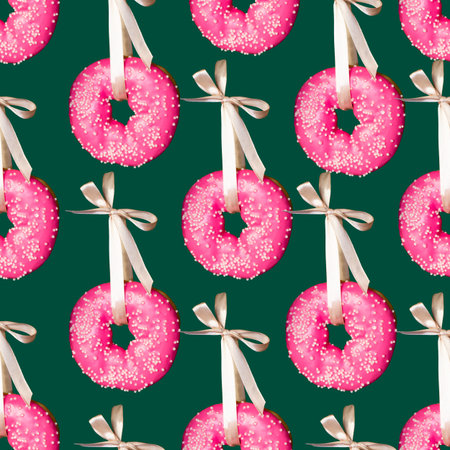 Pattern of pink donuts on flax. Sweet Christmas balls. Christmas seamless pattern.