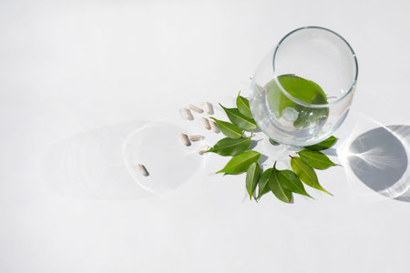 Glass wine goblet filled with water. Pill capsules on a white background and green leaves. The topic...