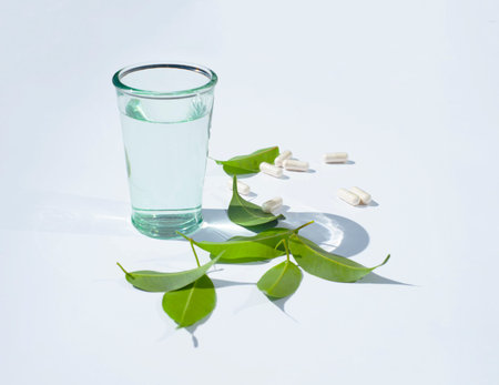 A glass of water and a pill capsule. green leaves. white background.