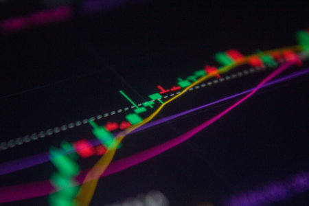 Colorful candlestick chart with trend lines on a digital trading screen.